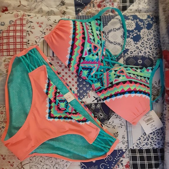 Bright neon orange & southwestern pattern OP bikini - Picture 1 of 9
